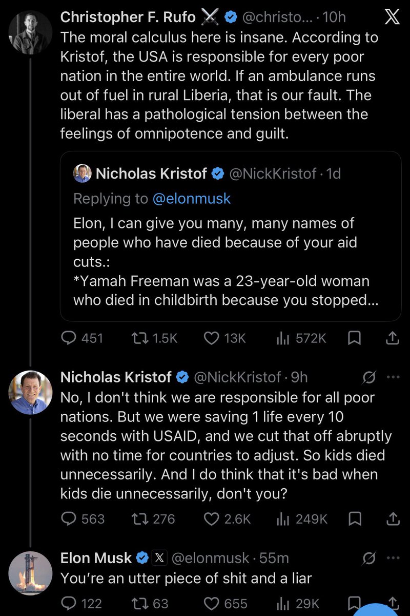 esjesjesj's tweet photo. Elon dared anyone to name someone USAID cuts killed and Nicholas Kristof, who did research on this, told Elon a lot of names and now Elon’s crashing the fuck out https://t.co/dRk27ncLHI