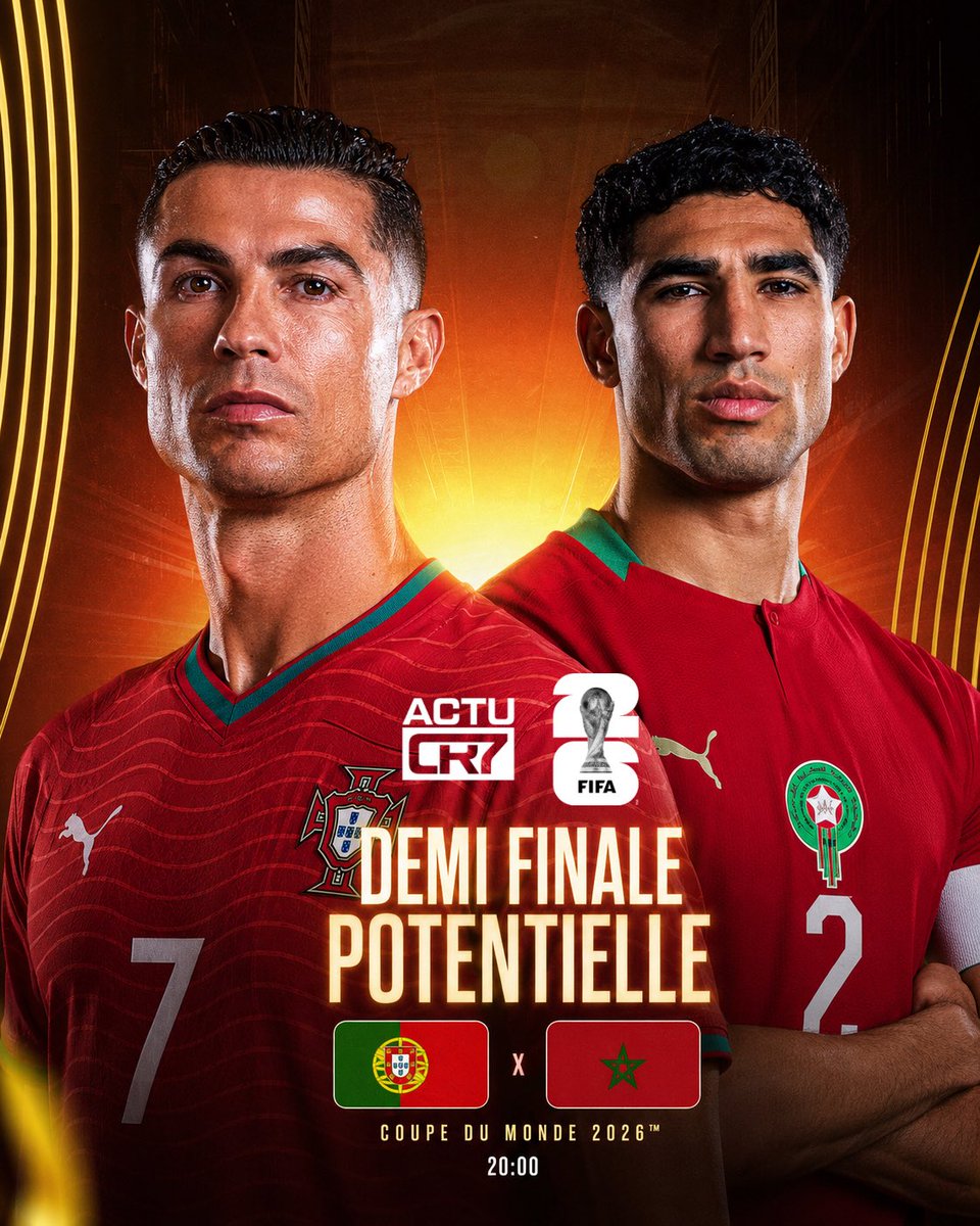 ActuCR7_'s tweet photo. 🚨 Le Portugal 🇵🇹 pourrait retrouver le Maroc 🇲🇦 en demi-finale de la Coupe du Monde en cas de qualification des deux équipes jusqu’au dernier carré. 😳

Un potentiel remake XXL de 2022. 🥶🏆 https://t.co/S8I8nuvuN1
