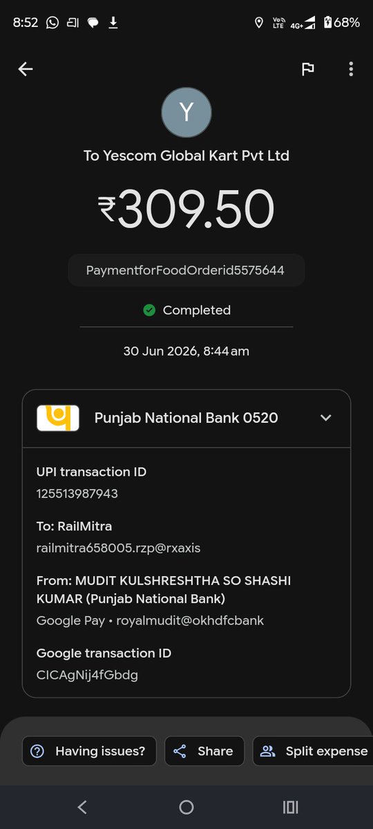 mudit_mar's tweet photo. Payment deducted. order pages shows it failed. Mail sent, customer care guide me to share the screenshot, done. Hope I will get the meal. PNR 2836462662 @RailMitraIndia just got order confirmed. Do I get my money back of extra deduction? https://t.co/d7yKVteOaC