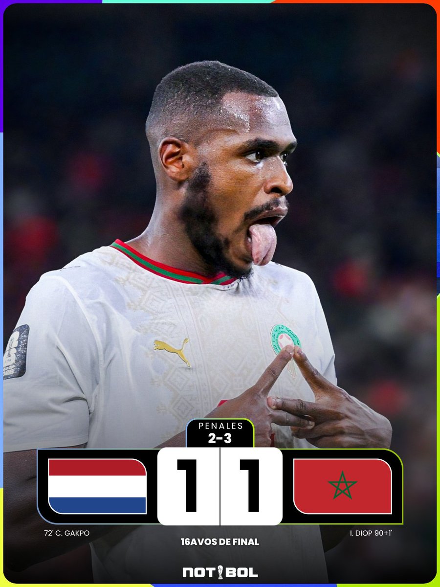 NotibolDeportes's tweet photo. 𝗧𝗥𝗜𝗨𝗡𝗙𝗔𝗭𝗢 𝗠𝗔𝗥𝗥𝗢𝗤𝗨𝗜 🤯

En un partidazo muy igualado, Marruecos 🇲🇦 derrotó a Países Bajos 🇳🇱 en lanzamientos penales y de clasificó a los octavos de final de la Copa del Mundo 2026 🏆

Ahora, Marruecos 🇲🇦 deberá enfrentarse a Canadá 🇨🇦 en los 8vos de final. https://t.co/aXP70BifSO