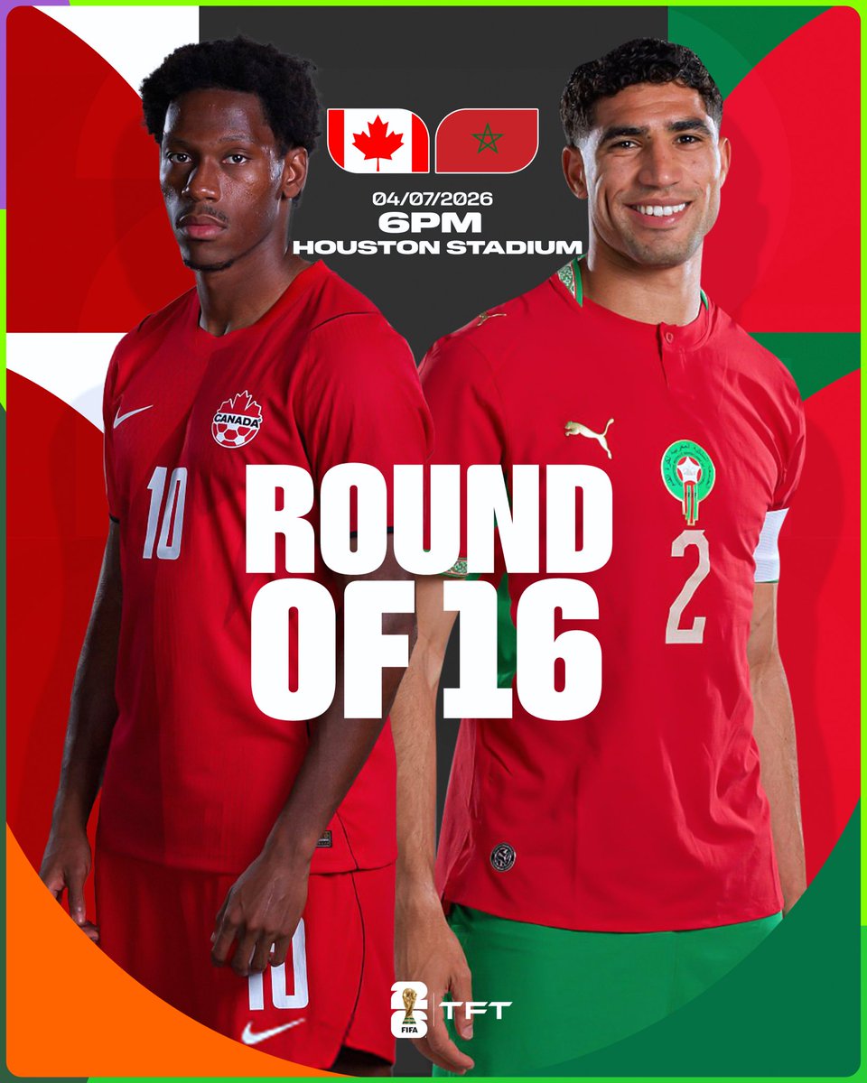 TFT_Morocco's tweet photo. 🚨🚨💣 OFFICIEL ! HUITIÈME DE FINALE DE LA COUPE DU MONDE :

MAROC 🇲🇦 ⚡️ 🇨🇦 CANADA https://t.co/UoKv8JuXfY