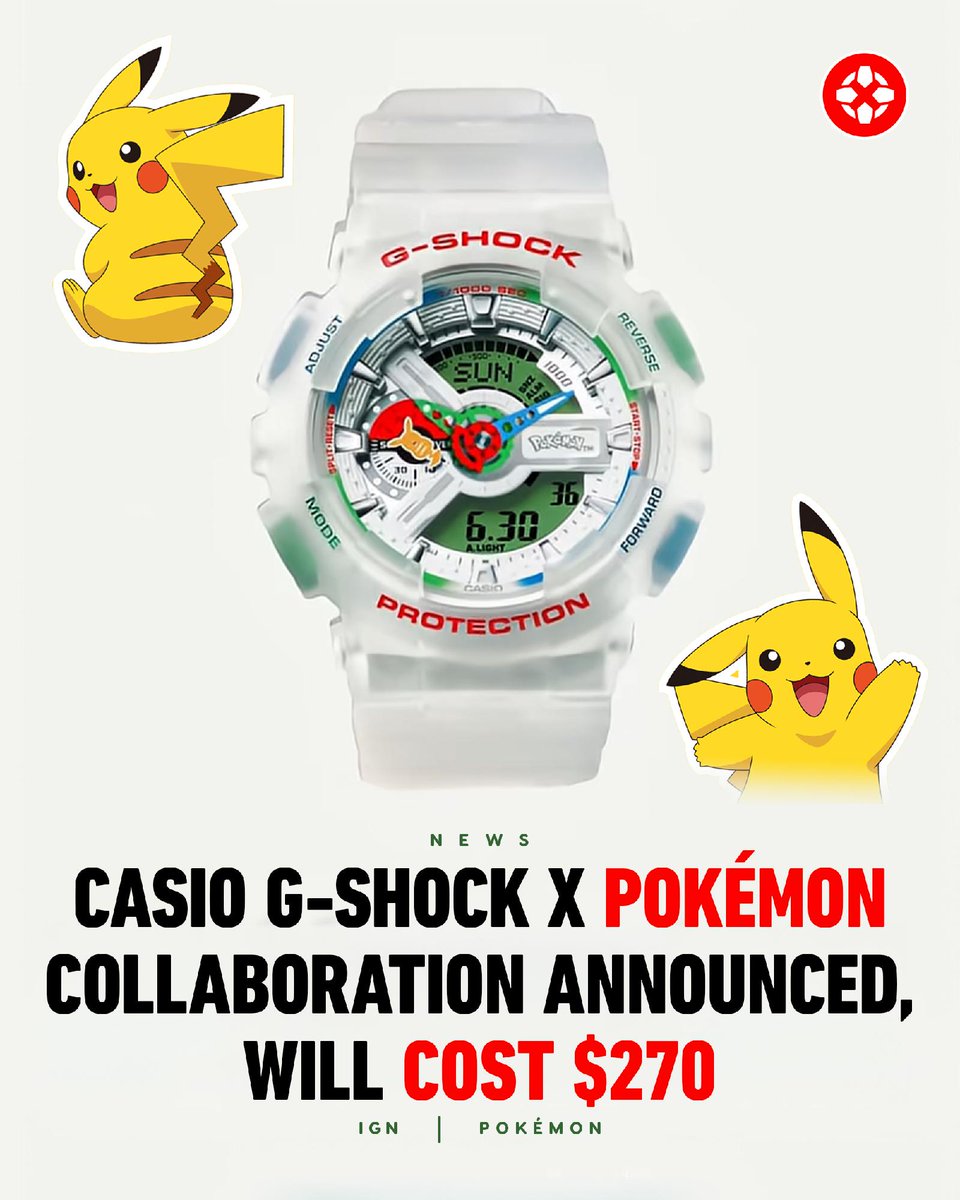 IGN's tweet photo. Casio G-Shock has announced a new collaboration for Pokémon's 30th anniversary, with a design featuring 30 iconic Pokémon, including Pikachu, Eevee, and Mew. https://t.co/c05zMX2nK7