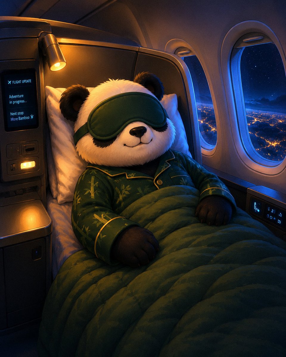 Panda_Timex's tweet photo. Long flight ahead… 😴✈️

Rest now, explore tomorrow.
The next stop is filled with new sights, new adventures, and hopefully plenty of bamboo. 🎋

Goodnight, friends. 🐼💚

#Panda #PandaAdventures #Bamboo #Solana https://t.co/0thECf17sF