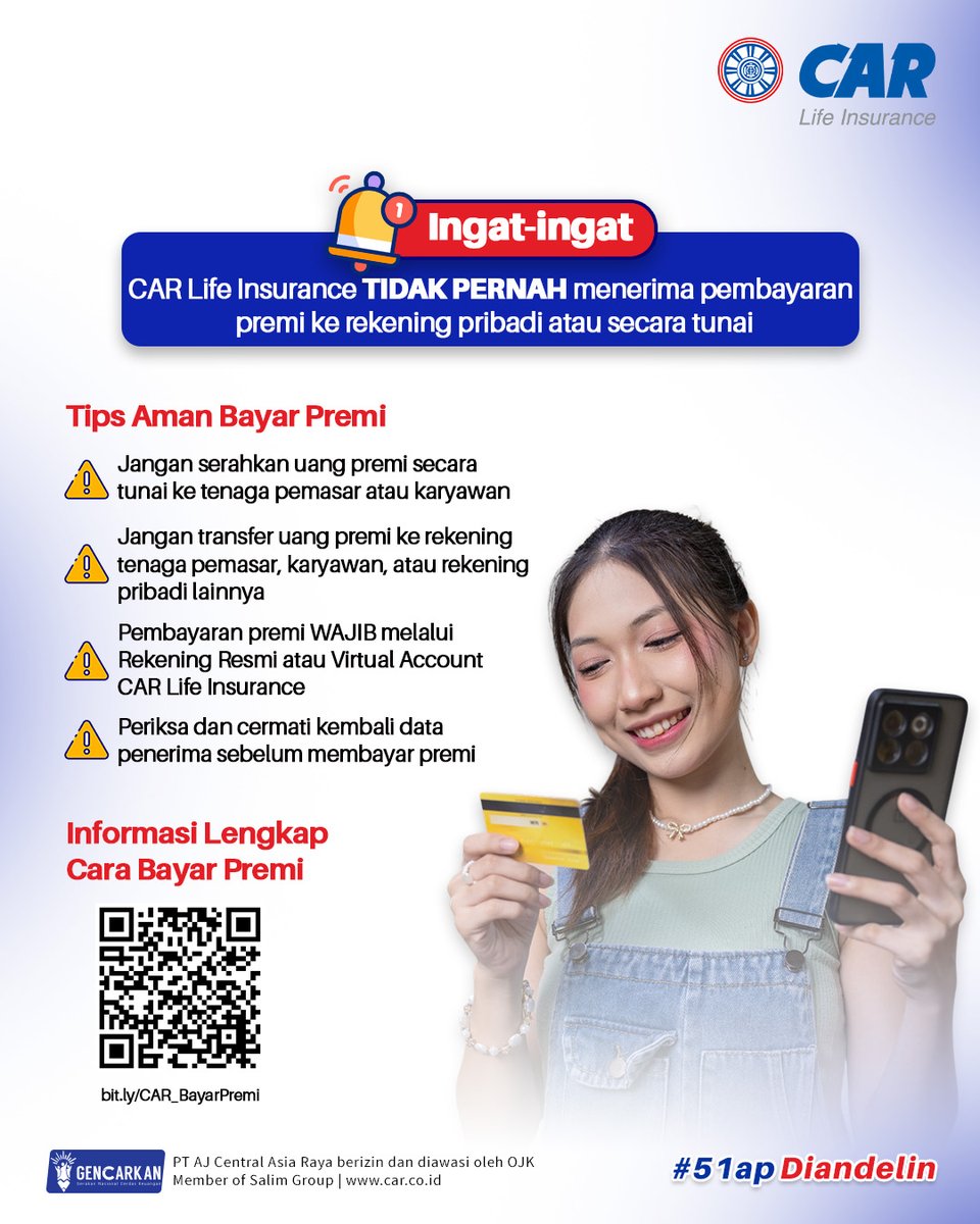 CARLife_ID's tweet photo. β οΈ Hati2 saat bayar premi! CAR Life hanya menerima pembayaran premi melalui channel resmi & tidak menerima pembayaran tunai maupun transfer ke rekening pribadi. Pastikan transaksi aman & tepat πCek informasi cara bayar premi resmi https://t.co/gePM9wOFf8 #CARLifeInsurance https://t.co/2MUlSiLjnz