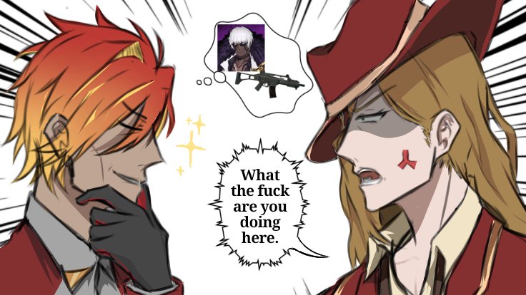 Alexis_MorrisSh's tweet photo. Giggling the entire time making this, I haven't reach Canto 9 yet so Valencina might be innacurate 

And that's my oc that loves Guns and Matthias (questionable) 
#Limbuscompany #limbuscompanyoc https://t.co/jgVHUcQcF1