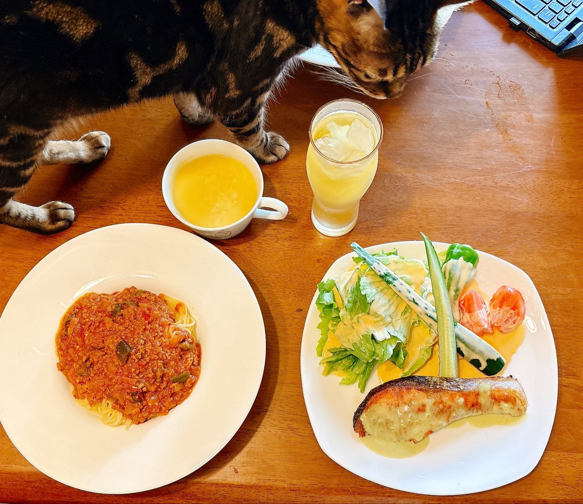 Yuiyanagida's tweet photo. 今日のランチ

🍀ミートパスタ
🍀鮭ソテーアボカドライムソース
🍀野菜サラダ
🍀コーンスープ

朝から家庭菜園で仕込んだトマトソースをミートソースにしましたぁ💕

お仕事仲間と我が家ランチ

 #ランチ
  #家庭菜園 https://t.co/YZNy4RYmkC