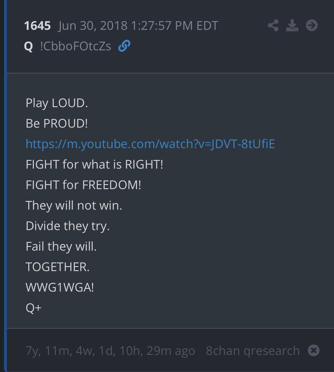 HKracken's tweet photo. Play LOUD.
Be PROUD!
https://t.co/PPvPe3jiZG
FIGHT for what is RIGHT!
FIGHT for FREEDOM!
They will not win.
Divide they try.
Fail they will.
TOGETHER.
WWG1WGA!
Q+

Today’s Q Delta https://t.co/8G1GlGvkkv