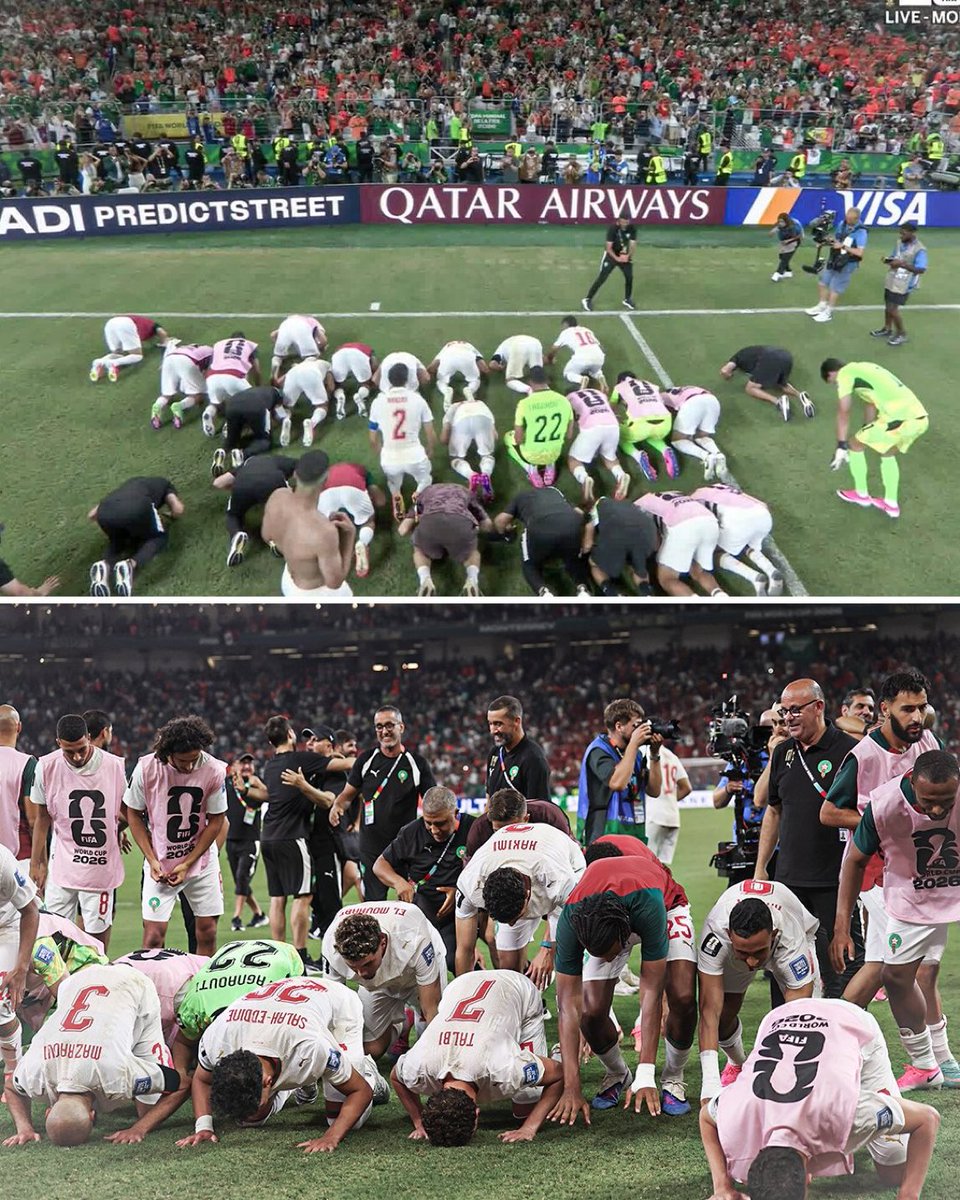 _BeFootball's tweet photo. Les Marocains ont prié ensemble après leur victoire aux tirs au but face aux Pays-Bas. 🇲🇦❤️ https://t.co/9jqXaNSJgS