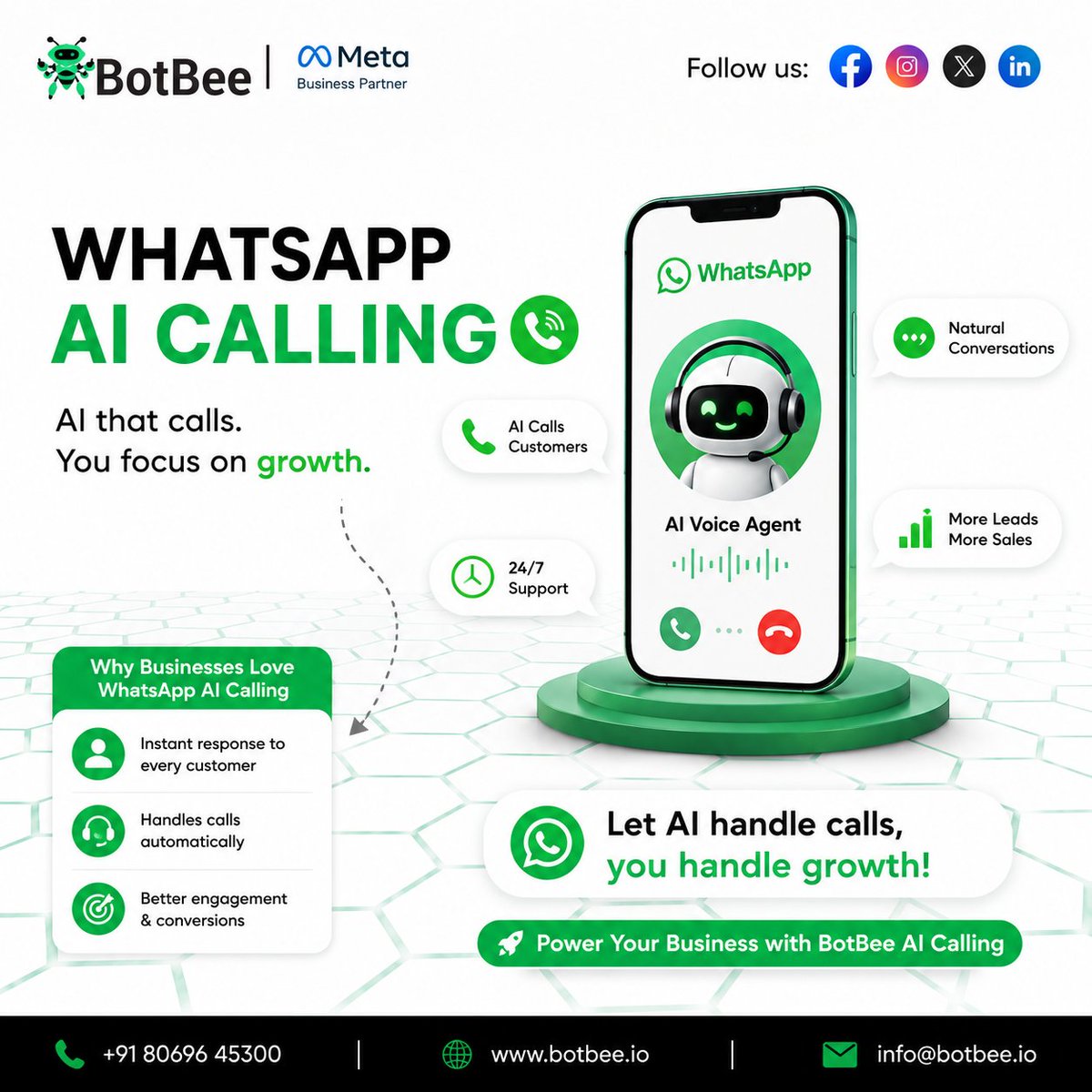 botbee_io's tweet photo. 📞 Let AI handle your calls. You handle growth.

With BotBee WhatsApp AI Calling, your AI Voice Agent answers customer calls instantly, speaks naturally, qualifies leads, books appointments, and provides support 24/7.

🌐 https://t.co/jUO53sBIvS
📞 +91 80696 45300 https://t.co/xQthAsMRPf