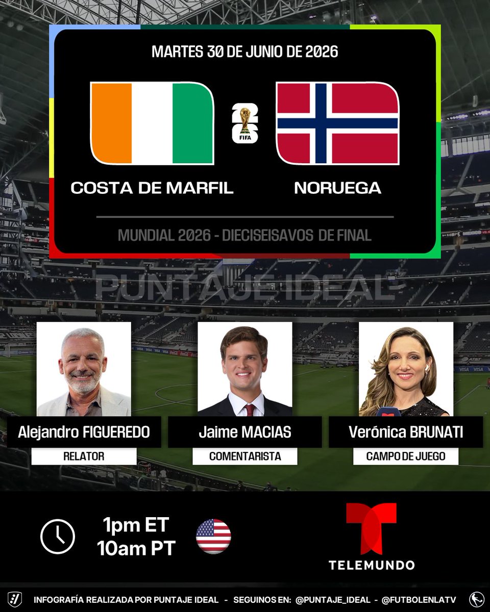 Puntaje_Ideal's tweet photo. ⚽️ #Mundial2026 | 🇨🇮 #CostaDeMarfil vs. #Noruega 🇳🇴
🎙️ Relator: @afigue2010 
🎙️ Comentarista: @Jaimefmacias 
🎙️ Campo de juego: @verobrunati 
📺 @Telemundo 🇺🇸
💻📱 @peacock 🇺🇸
🤳 #MundialTelemundo
Dale RT 🔃 https://t.co/68pFdg5mDG