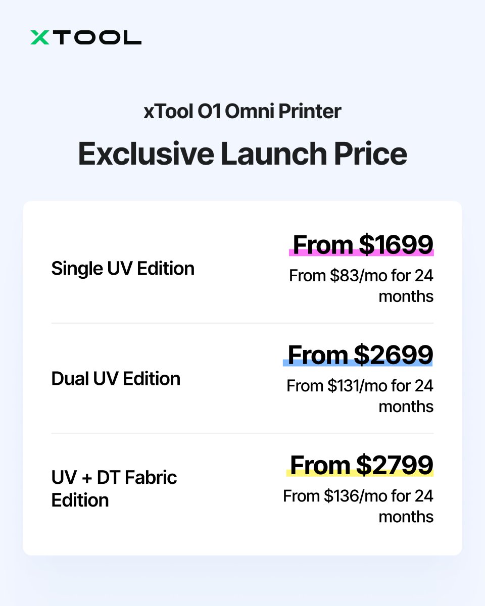 xToolOfficial's tweet photo. The world’s first 4-in-1 Omni Printer is here — and deposits are now open.

Print from rigid to fabric with UV, UV DTF, DTG &amp; DTF—all in one machine.

👉 Click the link to reserve your O1 now: https://t.co/FO0vRHZJuu

#xToolO1 #xToolOmniPrinter #PrintAnything https://t.co/sfQp4XkXkq