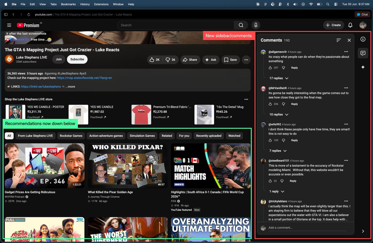 AlnAbrhm's tweet photo. Seeing this for the first time
Youtube introduced a new sidebar where video description, comments and Gemini lives. 
Clicking on the comments replaces recommendations and pushes them down below the video player. 
Not sure how I feel about this... https://t.co/bTpwABznoG