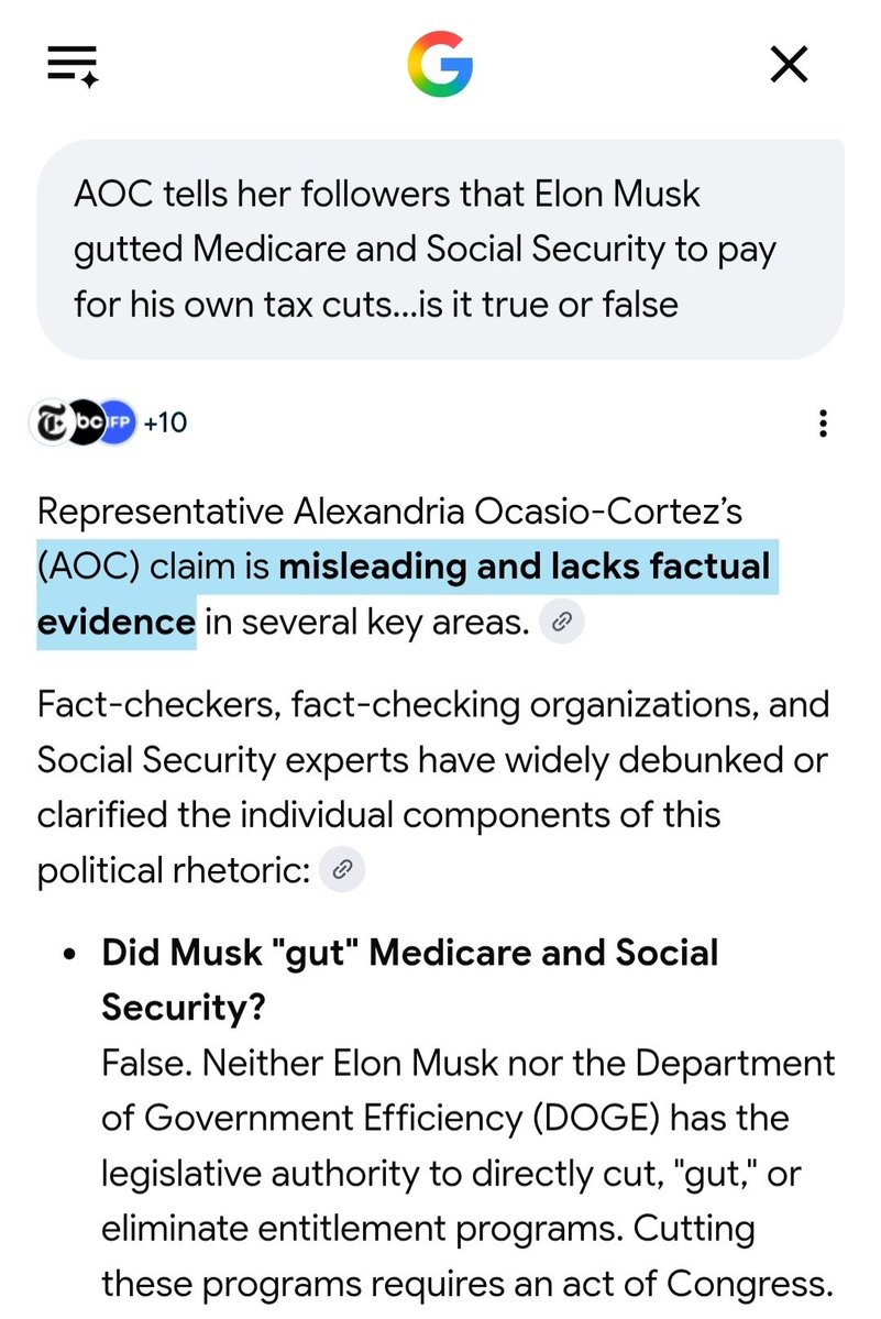 XFreeze's tweet photo. Here’s the truth: AOC is so full of crap that one simple Google search exposes the whole lie

She’s lying to scare people again

Neither Elon nor DOGE can directly cut Social Security or Medicare benefits

That’s Congress’s job

AOC is literally in Congress. She knows this well https://t.co/vbywMY6tgl