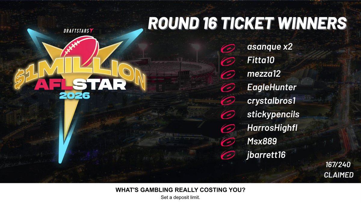DraftstarsAU's tweet photo. On the home straight now after another 10 #Draftstars #AFLStar26 tickets were claimed!

Shoutout to our first time ticket winners this week!

Round 17 for the AFL is now available right now! https://t.co/88DAMk205Q