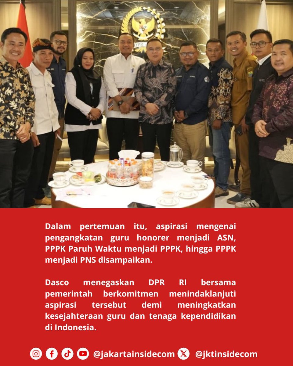jktinsidecom's tweet photo. Wakil Ketua DPR RI Sufmi Dasco Ahmad menerima audiensi DPP Forum Aliansi Guru dan Karyawan (FAGAR) serta perwakilan guru honorer dari berbagai daerah di Gedung Nusantara III, Senayan, Jakarta, Senin (29/6). 

Aspirasi yang disampaikan meliputi pengangkatan guru honorer menjadi ASN, PPPK menjadi PNS, hingga penyetaraan (inpassing). Dasco menegaskan DPR dan pemerintah berkomitmen menindaklanjuti aspirasi tersebut.

#Dasco #PPPK #GuruHonorer #PNS #DPRRI