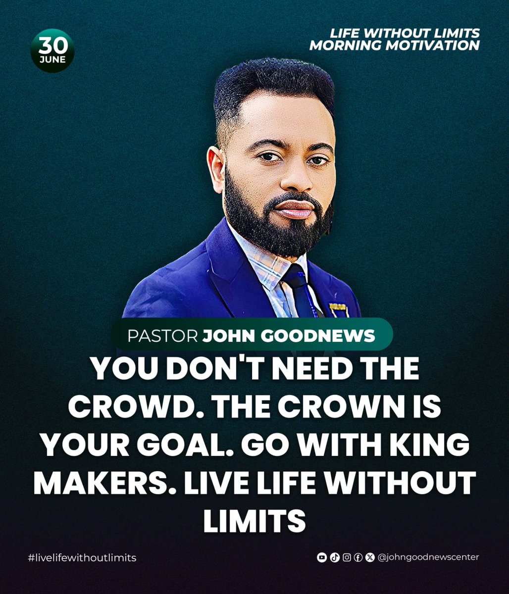 JGNCenter's tweet photo. Life Without Limits Motivation by Pastor John Goodnews O
#PastorJohnGoodnews #LifeWithoutLimits #ThoughtForTheDay #DailyInspiration #LimitlessLiving #PurposeDrivenLife https://t.co/PI4q1Sa0tU