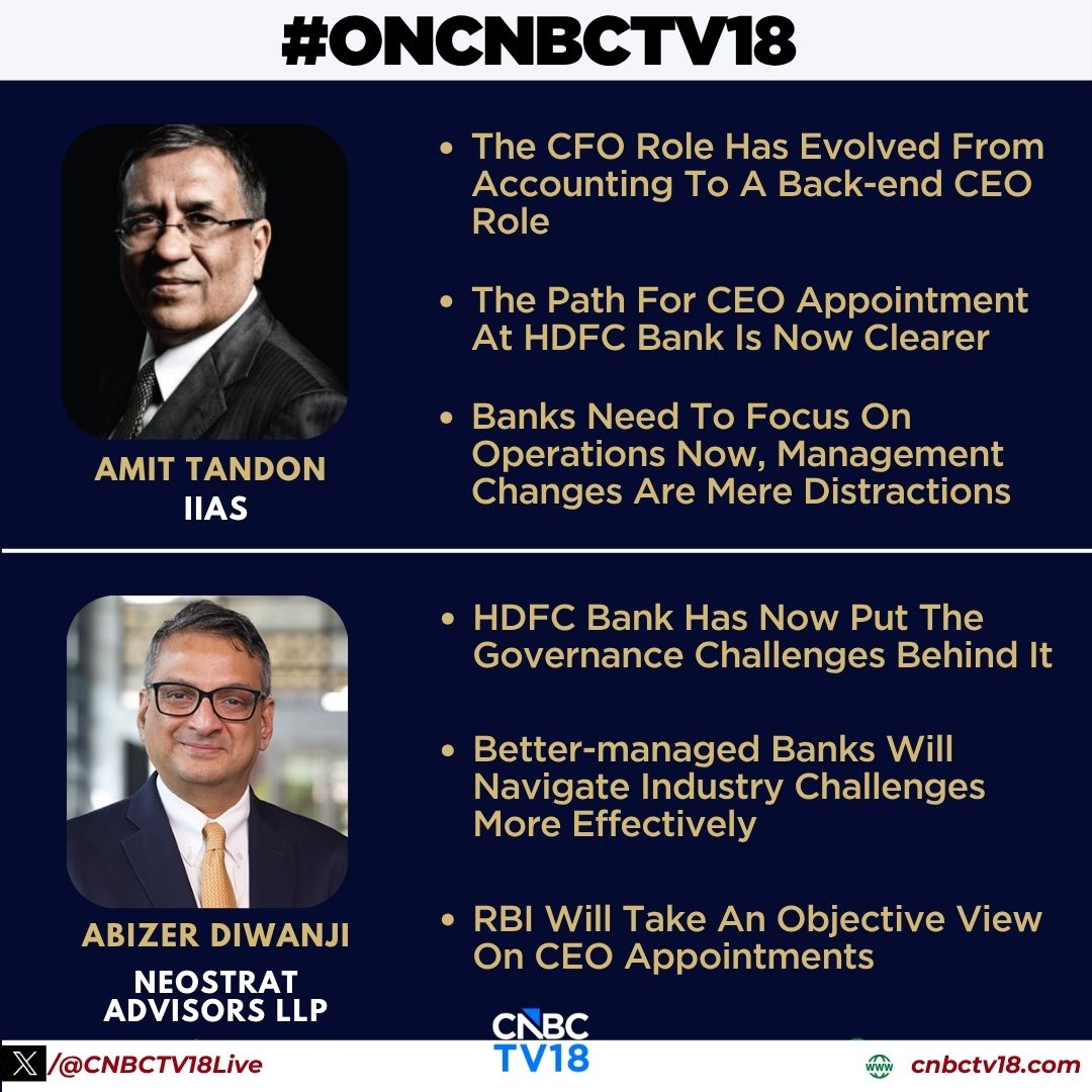 CNBCTV18Live's tweet photo. #OnCNBCTV18 | 🗣️"The path for CEO appointment at HDFC Bank is now clearer", says Amit Tandon, of #IiAS
🗣️"HDFC Bank has now put the governance challenges behind it", says Abizer Diwanji, of #NeoStratAdvisorsLLP
What does this mean for India's largest private lender? Catch the full discussion on CNBC-TV18👉https://t.co/9J48N2KwzY
#HDFCBank #CorporateGovernance #Banking