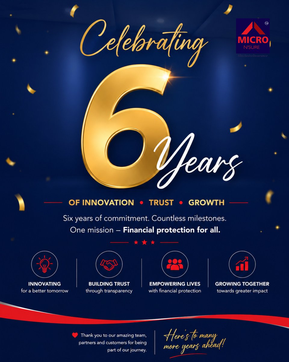 MicronSure's tweet photo. π Celebrating 6 Years of Micronsure!
Today, we proudly celebrate six incredible years of innovation, growth, and making financial protection more accessible for everyone.
Happy 6th Anniversary to Team Microsure! β€οΈπ
#Micronsure #6YearsOfExcellence #Anniversary https://t.co/KTyMAE6kqB