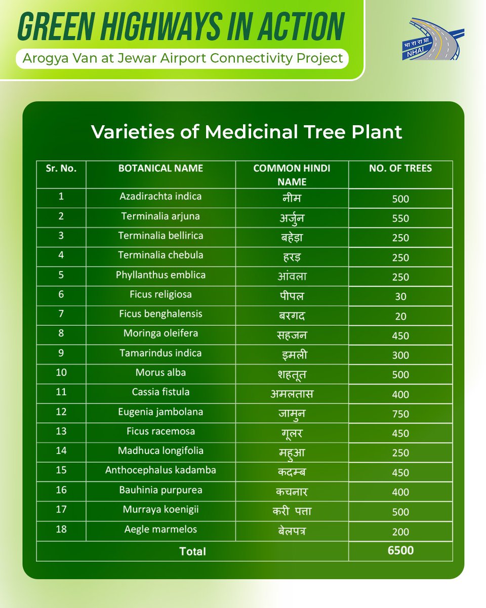 NHAI_Official's tweet photo. 🌿 NHAI is developing a 12-acre #ArogyaVan as part of the Greenfield Connectivity Project to Jewar International Airport, along the corridor linking the DND–Faridabad–Ballabhgarh Bypass, KMP Link and the Delhi–Mumbai Expressway.
The Arogya Van will feature 6,500 medicinal trees representing 18 native species, including Neem, Arjun, Amla, Jamun, Sahjan, Mahua, Amaltas, Kadamba, Bel and Peepal. Designed as a green ecological asset, the initiative will enhance biodiversity, improve the local environment and promote sustainable highway development.
The initiative reflects NHAI's commitment to integrating environmental conservation with world-class infrastructure, creating greener and more resilient National Highway corridors for future generations.
@MORTHIndia @PIBMoRTH #NHAI #ArogyaVan #GreenHighways #SustainableInfrastructure #BuildingANation