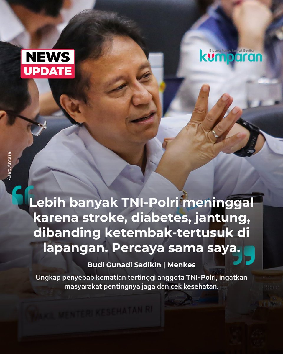 kumparan's tweet photo. Menteri Kesehatan Budi Gunadi Sadikin mengungkapkan penyebab kematian tertinggi anggota TNI-Polri adalah stroke dan penyakit jantung, bahkan jumlahnya lebih banyak dibanding korban akibat tembakan senjata api maupun senjata tajam.

“Sehebat-hebatnya TNI-Polri yang meninggal tertembak, kebacok, ketusuk (jumlahnya) jauh lebih sedikit daripada stroke, jantung. Percaya sama saya,” kata Budi saat Kick Off Program Cek Kesehatan Gratis (CKG) dan Skrining TBC di Pulau Nusakambangan, Senin (29/6).

Menurut Budi, tingginya angka kematian tersebut menjadi alasan pentingnya pemeriksaan kesehatan secara berkala melalui program Cek Kesehatan Gratis (CKG). Ia mengimbau masyarakat menjaga kadar lemak darah, gula darah, dan tekanan darah agar terhindar dari penyakit tidak menular.

“Kalau tiga ini dijaga, penyebab kematian nomor 1 itu stroke, kedua jantung, kanker, dan ginjal. Kalau ketiga tadi dijaga, penyakit nomor 2, dan 4, itu bisa terkendali,” ujarnya.

Budi menambahkan, menjaga tiga indikator kesehatan tersebut juga dapat meningkatkan angka harapan hidup hingga 74 tahun.

📸: Dok. Antara.

Baca selengkapnya dengan klik link di bio. Cari tahu berita update lainnya dengan download aplikasi kumparan di App Store atau Google Play.⁠

📝: newsupdate | update | news | quote | R120 | E023

#bicarafaktalewatberita #kumparan