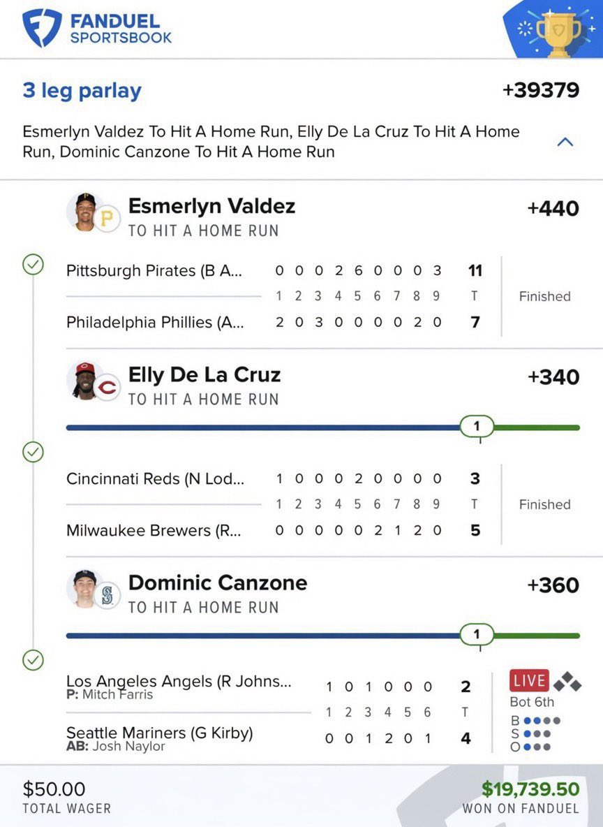 Dutch4public's tweet photo. Another monster hit in the books 🤝

$50 turned into $19.7K 💰

Easy cash.💵
✅ Esmerlyn Valdez
✅ Elly De La Cruz
✅ Dominic Canzone

Need a win? ➡️ Click the Link for more  Secured winning picks  in my Comment

#MLB #fanduel #draftkings  #GamblingX #GamblingTwitter https://t.co/LRZcQ7Otsd