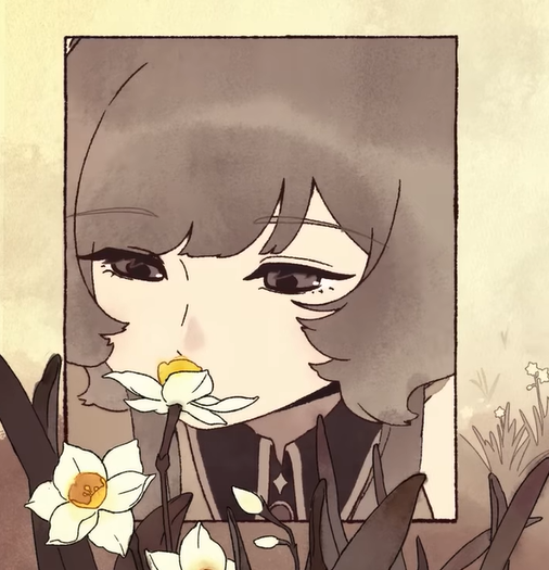 Plaguettore's tweet photo. day 17 of posting.... AFLORIOGRAPHY APPRECIATION POST?! 

The flower Sandrone is smelling here is a daffodil! They usually symbolize rebirth-- very fitting for her character both now and as a connection to Mary Ann

It also symbolizes uncertainty-- which is her internal conflict! https://t.co/XP9c9nu8pR