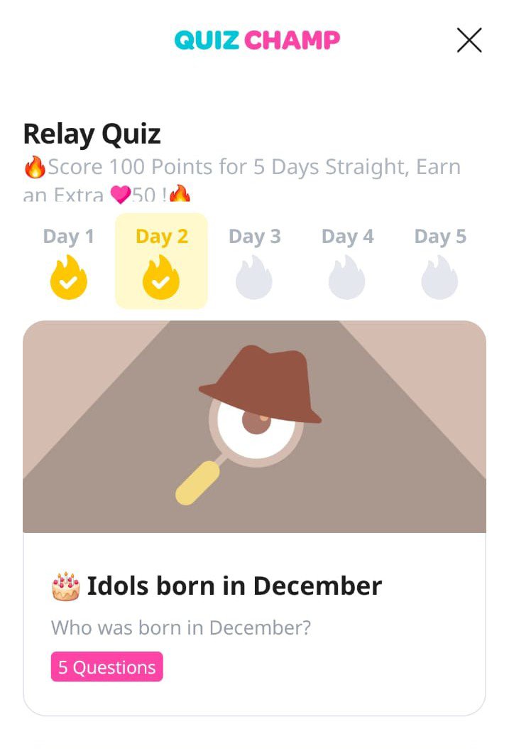ELFxIdolChamp's tweet photo. 🗓 Today's mission: Accomplish the mission and get the CHAMSIM ✅️

🎯 RELAY QUIZ
Score 100 points for 5 days straight,earn an extra ❤️ hearts 50.

Day 2: 🎂 Idols born in December 
ℹ️ ELF, the questions are random.

@SJofficial #SUPERJUNIOR #슈퍼주니어 https://t.co/J7i4EXvmm1