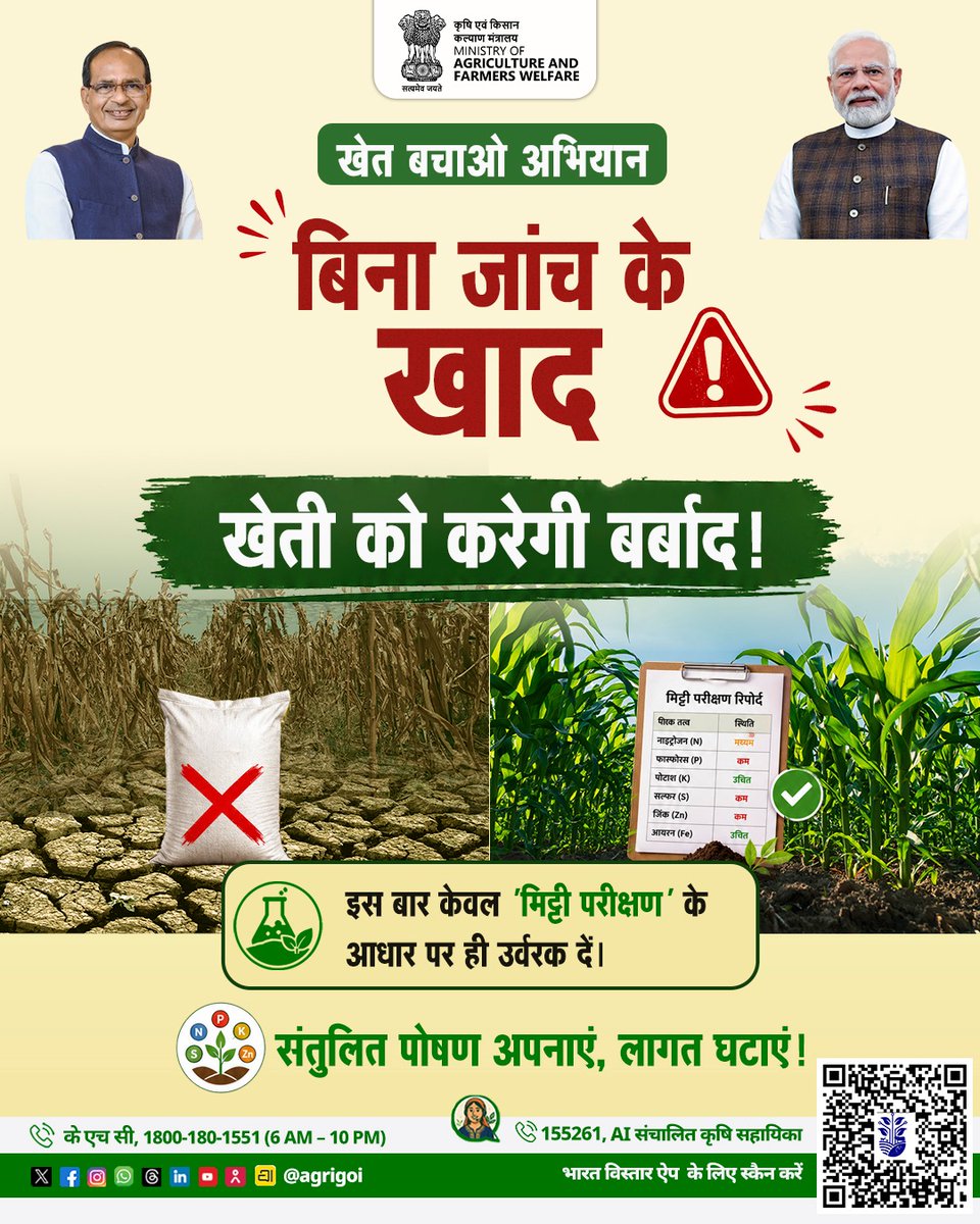 BhavnagarKvk's tweet photo. बिना जांच के खाद, खेती को करेगी बर्बाद! 

इस बार केवल 'मिट्टी परीक्षण' के आधार पर ही उर्वरक दें। संतुलित पोषण अपनाएं, लागत घटा���ं! 
#KhetBachaoAbhiyan #PMOIndia #ShivrajSinghChouhan #ataripune #ATMAProject https://t.co/lCpSP0smxL