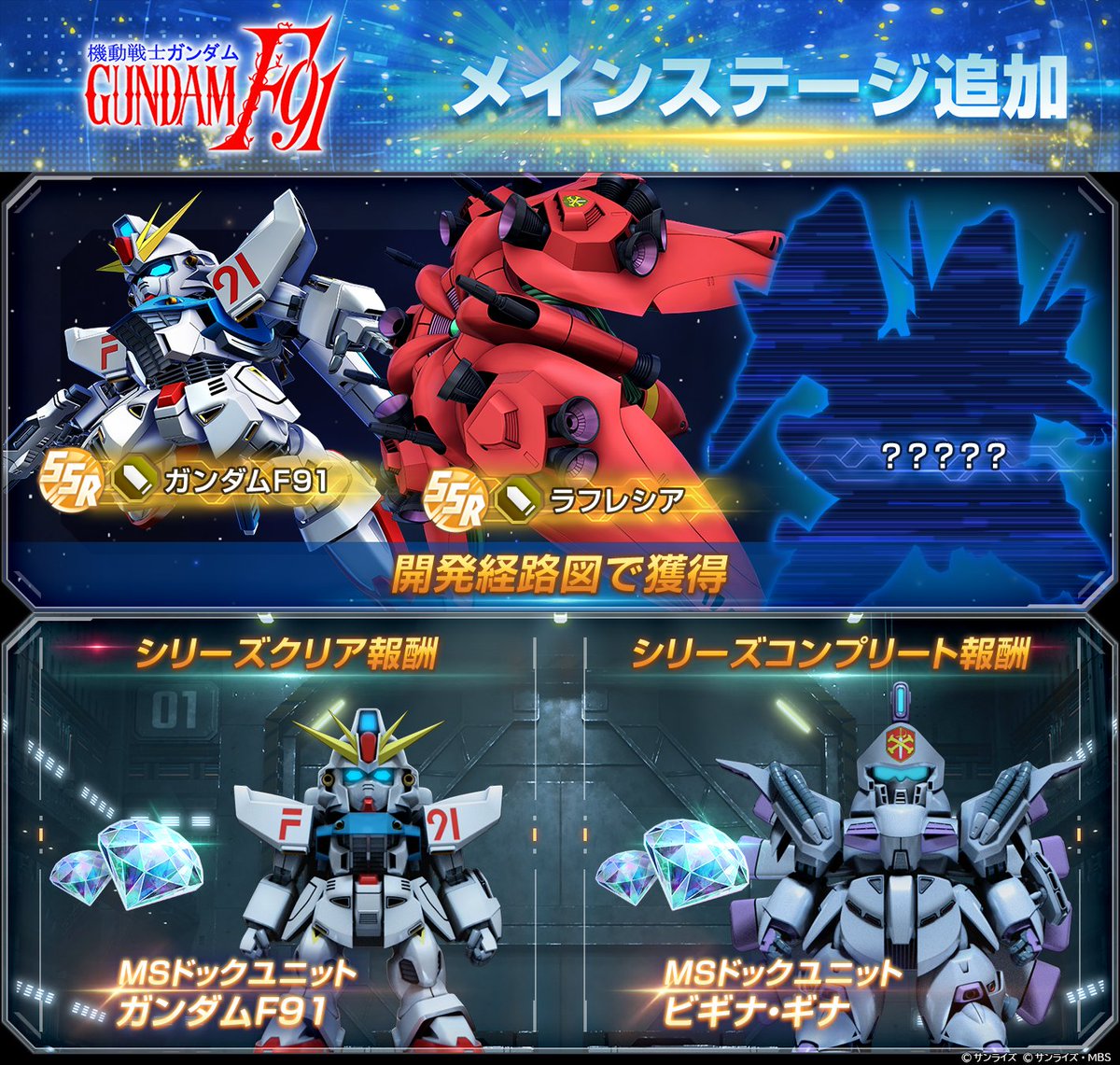 ggene_eternal's tweet photo. 「機動戦士ガンダムF91」メインステージ追加！

6/30 12:00より、メインステージに「機動戦士ガンダムF91」を追加いたしました。

▼期間限定楽曲について
「機動戦士ガンダムF91」にて使用された「君を見つめて―The time I'm seeing you―」などの楽曲が、メインステージにて期間限定でお楽しみいただけます。

また、「機動戦士ガンダムF91」に関連するキャラクターでバトルアニメーションを再生した場合にも、期間限定楽曲をお楽しみいただくことができます。

■期間限定楽曲の再生期間
6/30 12:00 ~ 7/29 11:59
※期間を過ぎると、該当の楽曲は別のBGMに切り替わります。

▼主な報酬
「機動戦士ガンダムF91」開発経路図で獲得できます。
「機動戦士ガンダムF91」シリーズクリア報酬が獲得できます。
シリーズクリア報酬およびシリーズコンプリート報酬では、合計ダイヤ×2,000やMSドックユニット2体が獲得できます。

▼更新内容
・メインステージ「機動戦士ガンダムF91」の追加
・開発経路図「機動戦士ガンダムF91」の追加
・メインステージに関連する累積ミッションを追加
・追加シリーズに関連するキャラリクエストのキャラクター追加
・追加シリーズに関連する戦艦巡航の戦艦追加

▼ユニット/キャラクターの調整
6/30のデータ更新にて、以下のユニット/キャラクターの調整をいたしました。

■URユニット「ガンダムF91(EX)」
ステータスの調整
攻撃力：8565 → 10707
※最大限界突破・LV最大時のステータスです

■URキャラクター「シーブック・アノー(耐久型)」
キャラクタータグの追加
「ルーキー」

ステータスの調整
覚醒値：524 → 562
※LV最大時のステータスです

EXキャラアビリティの効果調整
【調整前】
自身が支援防御時
自身の防御力が20%上昇

搭乗ユニットが「地球連邦軍(宇宙世紀)」タグを含む時
自身のMPが6上昇
自身の被ダメージが15%軽減

【調整後】
自身が支援防御時
自身の防御力が20%上昇

搭乗ユニットが「地球連邦軍(宇宙世紀)」タグを含む時
自身のMPが6上昇
自身の被ダメージが15%軽減
敵への与ダメージが15%上昇

自身のテンションが「超一撃」以上の時、自身の覚醒値が15%上昇

▼タグの調整
一部言語において、以下のタグの名称を変更いたしました。
【変更前】
「宇宙海賊クロスボーン・バンガード」

【変更後】
「クロスボーン・バンガード」

※名称のみの変更であり、バトル中のパラメータやアビリティ効果に影響はありません。

▼シリーズ追加
以下の新たなシリーズを追加いたしました。
「機動戦士ガンダムF90クラスター」
「機動戦士ガンダム シルエットフォーミュラ91」
「機動戦士ガンダムF91 フォーミュラー戦記0122」
「F91-MSV」
以下のユニットにシリーズを追加いたしました。

「機動戦士ガンダムF91」追加対象
・Nユニット
ジェガン

▼ステージ解放条件
・「機動戦士ガンダムF91」は「機動戦士ガンダムNT」ステージ4をクリアすることで解放されます。

▼注意事項
・クリア済みのステージのストーリーは、ギャラリーのストーリー回想機能から自由に再生できます。

#ジージェネエターナル
