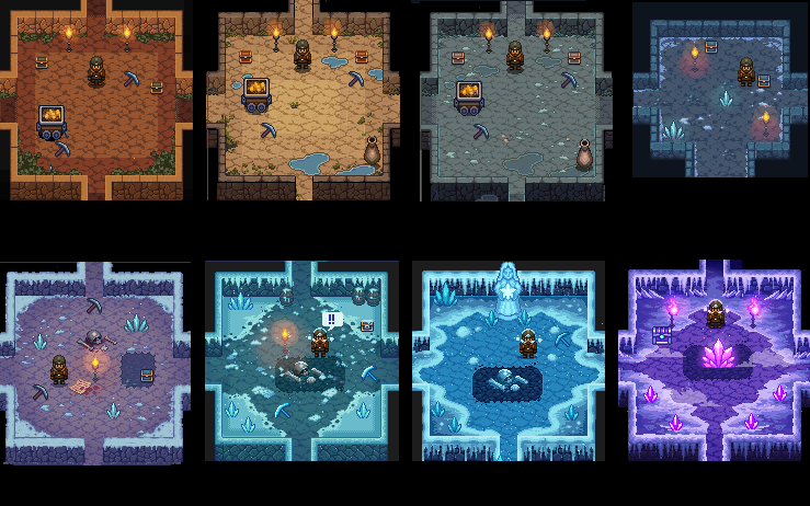 forrydad's tweet photo. Pixel art tileset showing dungeon progression. From regular caves, to ice, and finally a purple crystal theme!
#pixelart #tileset #rpg #indiegame #픽셀아트 #도트 #인디게임개발 #ドット絵 #インディゲーム #ピクセルアート https://t.co/tXkMTzDuF4