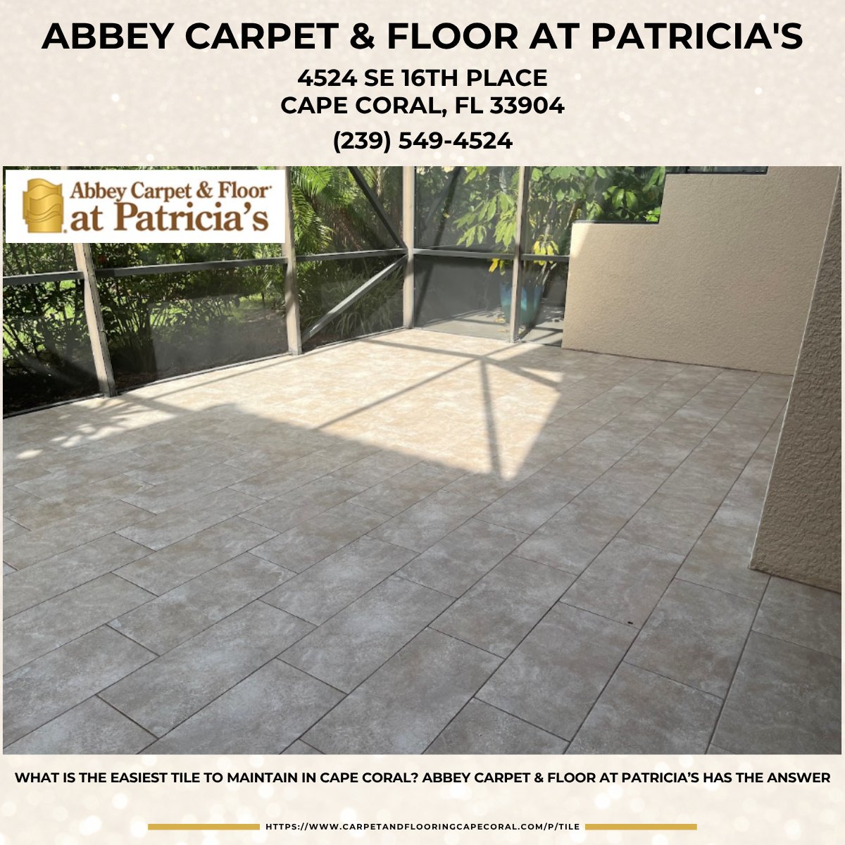 carpet_at's tweet photo. What Is the Easiest Tile to Maintain in Cape Coral? Abbey Carpet &amp; Floor at Patricia’s Has the Answer

https://t.co/GhcHUnpYOu

Abbey Carpet &amp; Floor at Patricia's
4524 SE 16th Place
Cape Coral, FL 33904
(239) 549-4524

https://t.co/Mhbv7Xn0Zz

#TileStore #TileStoreCapeCoralFL https://t.co/DkfOXaHTNZ