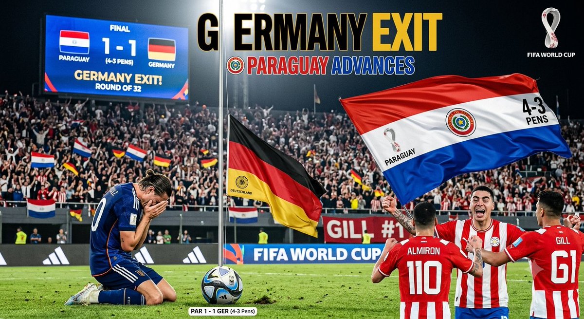 ravigaharwar1's tweet photo. ABSOLUTE SENSATION IN BOSTON! 🇵🇾😱
Germany is OUT of the 2026 FIFA World Cup after a jaw-dropping penalty shootout defeat to Paraguay in the Round of 32!
Despite a 54th-minute equalizer from Kai Havertz to bring it to 1-1, Die Mannschaft fell 4-3 on penalties. This marks the first time ever that Germany has lost a World Cup penalty shootout, crashing out before the Round of 16 for the third consecutive tournament.
Paraguay's goalkeeper Orlando Gill was the absolute hero of the night, making huge saves to deny Germany's stars and secure a historic ticket to the next round.
#FIFAWorldCup #GERPAR #Germany #Paraguay #Upset