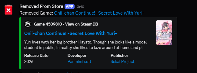 KEVINNGW808's tweet photo. [SAD NEWS]
Panmimi Soft's "Oniichan Continue! Yuuri to Secret Love ♥" which will release by Sekai Project unfortunately has ben delisted on Steam.
I think the solution might will release on Denpasoft Store (and possible on other stores like JAST, Kagura, MangaGamer) later. https://t.co/SIBB4t4tEc