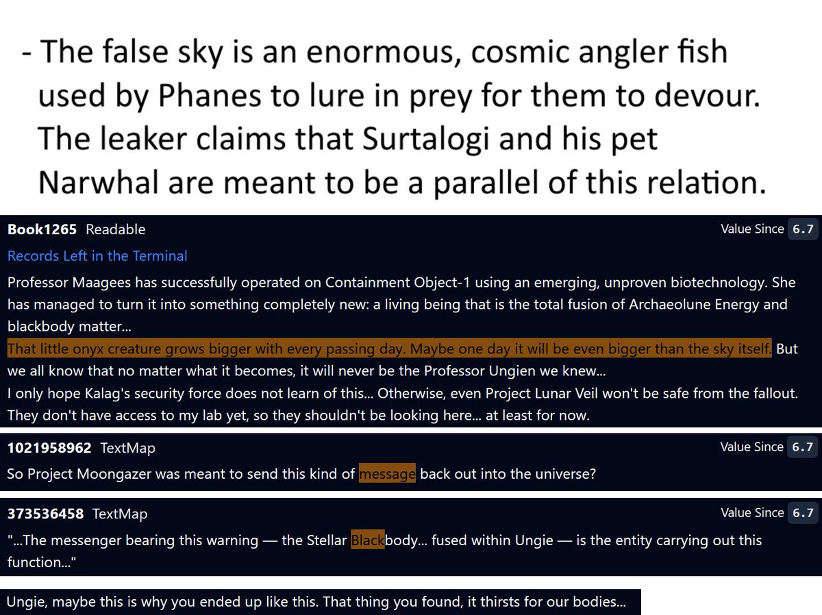 AuntSolarClock's tweet photo. From: AUNT SOLAR CLOCK

🚨Genshin leaks🚨

"Cosmic angler fish" update
6.7 preload leaks

Interstellar signals and devouring black entities that can grow beyond the size of a planet? Looks like that leak about the false sky being a "cosmic angler fish" might be spot on. https://t.co/sDGudw5GU2