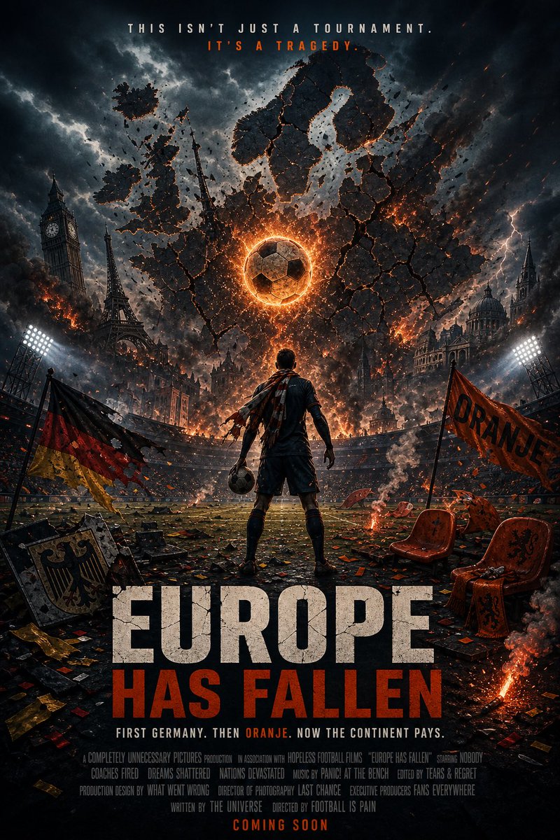 known_as_AJ's tweet photo. In the spirit of Olympus Has Fallen, Angel Has Fallen, White House Down, and London Has Fallen ... Germany out .... Netherlands out ... 
#FIFAWorldCup #WorldCup #Morocco #Netherlands #Germany #Paraguay 
Who next? https://t.co/XJV5ZpBXga
