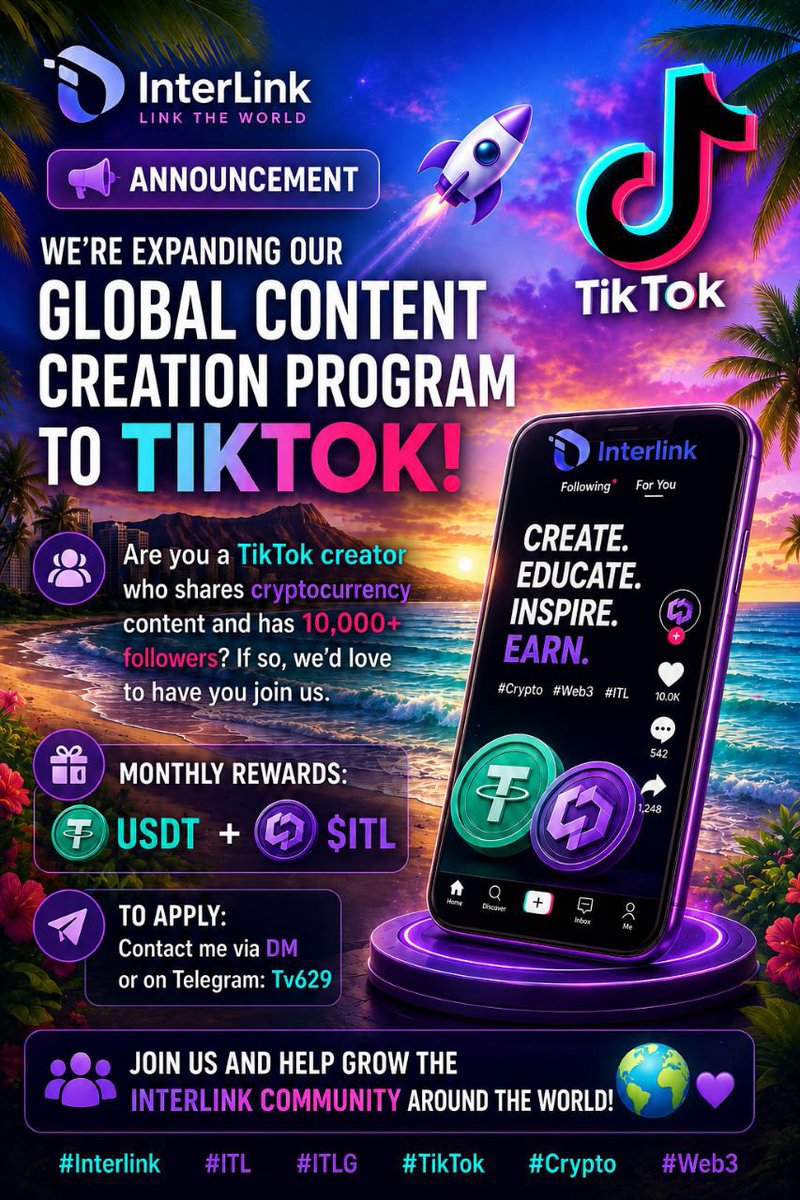 banhaboth's tweet photo. Calling all crypto creators! 🚀

If you have 10,000+ TikTok followers, join the InterLink Global Content Creation Program and earn monthly rewards in USDT + $ITL.

🌍 Join the InterLink community and create the future of Web3!

#Interlink #ITL #ITLG #TikTok #Crypto https://t.co/EBHPdIKiIl