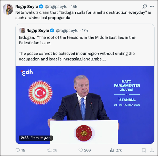 HarrisSamaras's tweet photo. Another ridiculous "lecture" on peace by Turkey's Islamofascist President, @RTErdogan. Turkey, that occupies parts of Syria, Iraq, and Cyprus. Turkey, that harbours and promotes the thugs of the Muslim Brotherhood and Hamas.

This time and again, promoted by Erdogan's mouthpiece, @ragipsoylu, @MiddleEastEye's Bureau Chief in Turkey, supposedly an impartial journalist.

Ragip Soylu, the "impartial journalist", making a laughing stock out of himself, calls @netanyahu's reactions of Erdogan's regular threats against Israel "whimsical".

Islamofascists such is Erdogan, and their mouthpieces such is Ragip Soylu exist and thrive because of those Western and other "leaders" that do not only put up with them but encourage them by their appeasement to invade, occupy, rape, slaughter, murder.

| #Turkey #Syria #Iraq #Cyprus #Israel #Islamism #Jihadism #Hamas #MuslimBrotherhood