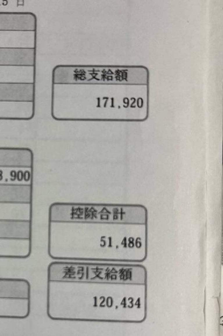 omoroitwt1985's tweet photo. 【残酷な現実】手取り12万円。
フルタイムで働いた対価が、これ。

■衝撃の給与明細
総支給額：171,920円
控除合計： 51,486円
差引支給：120,434円
給料の「約3割」が天引きされる地獄。

■消えた5万円の重み
削られた額は、家賃1ヶ月分に相当。
社会保険と税金で生活が圧迫され、
食費を削り、娯楽を捨てて。
ただ「生きる」だけで精一杯の毎日。

■広がる悲痛な叫び
「もはや生活保護の方が良くない？」
真面目に働くほど虚しくなる。
労働が罰ゲームのように感じる。
これが現代日本のリアルな景色。

■結論
若者の未来を奪う、重すぎる負担。
明日の希望さえ、控除されている。

あなたがこの明細を受け取ったら、
明日も同じように笑って働けますか？