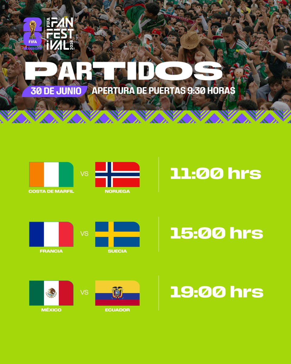 MexicoCity26's tweet photo. ⚽️🇲🇽 ¡La emoción continúa en el FIFA Fan Festival Ciudad de México!

Este 30 de junio vive una jornada llena de grandes partidos, culminando con el esperado México 🆚 Ecuador. Además, contaremos con pantallas adicionales en calles aledañas y sedes alternas para que nadie se pierda un solo minuto de la acción.

🎉 Llega temprano y vive la pasión del Mundial en el corazón de la ciudad. #FIFAFanFestival #MexicoCity26 #Somos26