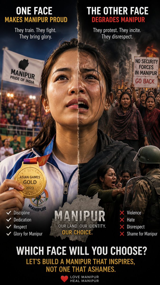 HamaraManipur's tweet photo. One face brings medals, discipline and global respect to Manipur. The other fuels confrontation that only deepens divisions. The future belongs to those who build, not break. 🇮🇳🏅 @NBirenSingh @adgpi @official_dgar #Manipur #Peace #Unity #IndiaFirst https://t.co/QwHPwn91Tw