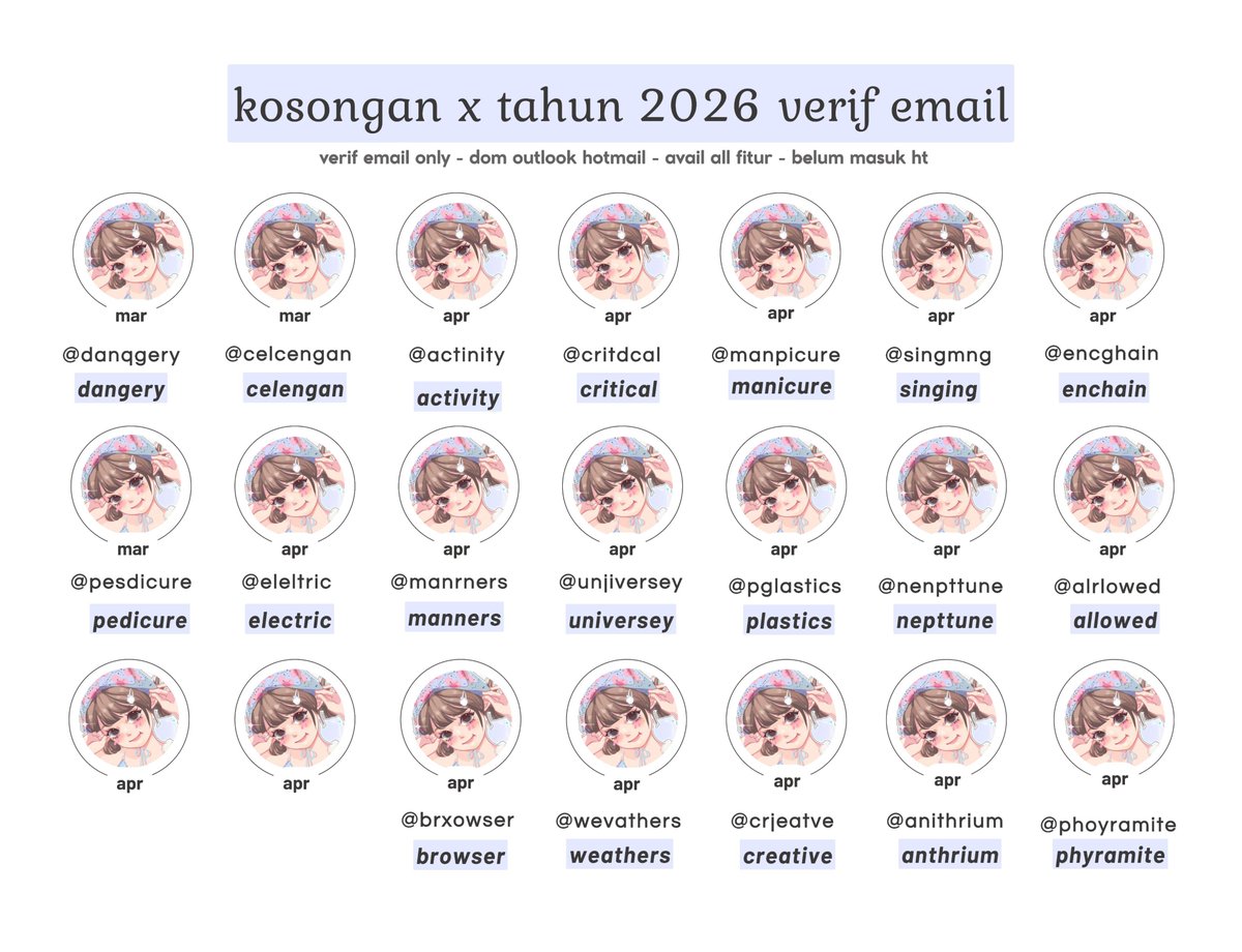 premyapp's tweet photo. @intsapony ᐢ..ᐢ *kosongan ex Y26 verif email* ᐢ..ᐢ

maret: 95OO
april: 9OOO

✼. verif email only
✼. dom outlook hotmail
✼. tidak kena limit 12 jam
✼. udah bisa ganti usn
✼. blm masuk mt ht https://t.co/OOfks1rv6T