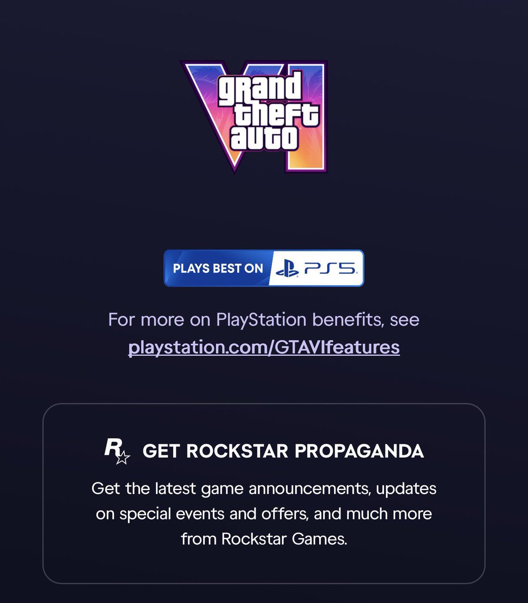 Vertxcal's tweet photo. Rockstar Games added a new landing oage on their website stating that “Grand Theft Auto VI plays best on PS5” https://t.co/bDKbsHEf5V