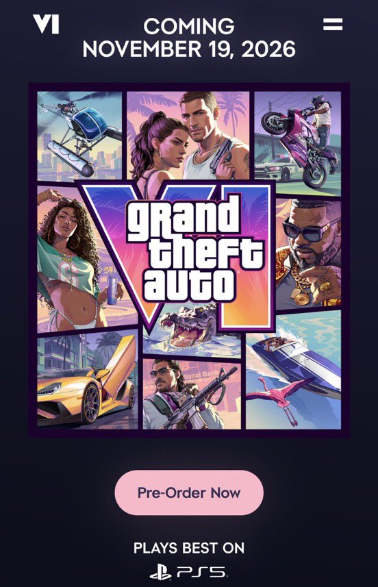 Vertxcal's tweet photo. Rockstar Games added a new landing oage on their website stating that “Grand Theft Auto VI plays best on PS5” https://t.co/bDKbsHEf5V
