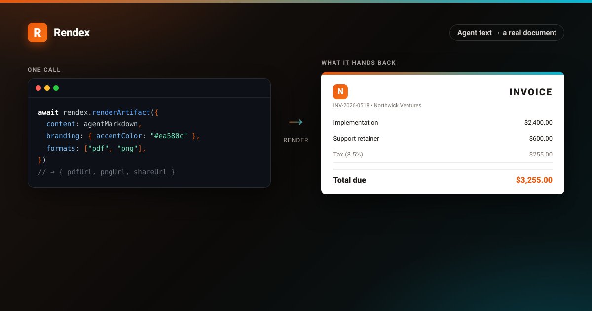 danelliotdev's tweet photo. Agents are good at writing a report and bad at handing you one you can keep.

So I added a single endpoint: send Markdown, get back a branded PDF, a PNG, and a share link. The agent's output stops being a chat bubble and starts being a document.

https://t.co/FUjq5ewKtH https://t.co/lnHp8dtA5V