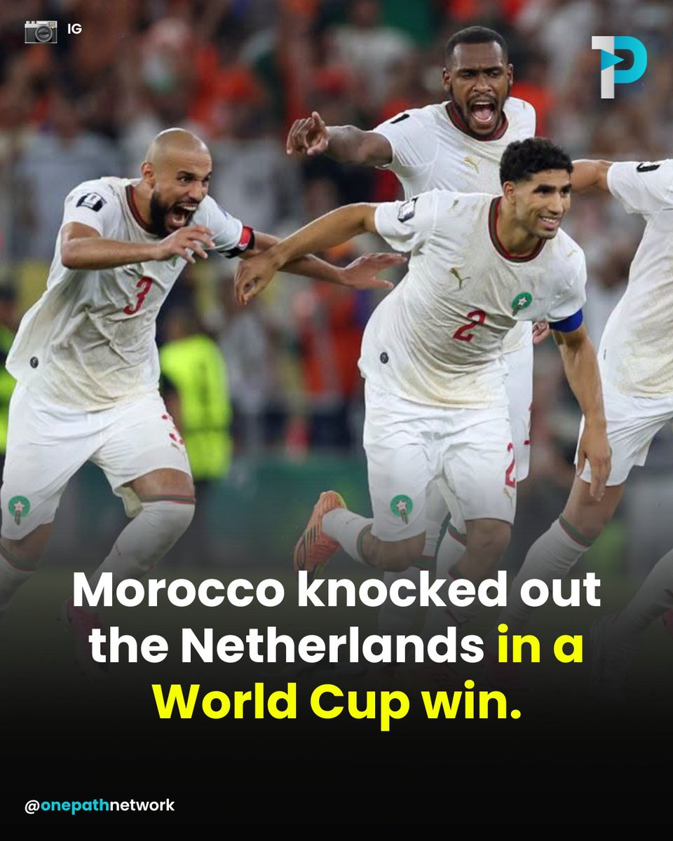 OnePathNetwork's tweet photo. Morocco has done it again.

Morocco’s national team knocked the Netherlands out of the World Cup after a dramatic penalty shootout, securing their place in the Round of 16 and sparking celebrations among fans around the world.

Congratulations to the Moroccan squad on a remarkable achievement and another proud moment for Moroccan, Arab and African football.
