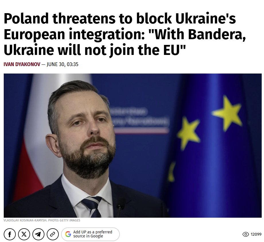I_Katchanovski's tweet photo. "Poland threatens to block Ukraine's European integration: "With Bandera, Ukraine will not join the EU." Deputy Prime Minister and Minister of National Defense of Poland Wladyslaw Kosiniak-Kamysz stated that Poland will not agree to Ukraine's accession to the European Union unless Kyiv refuses to honor figures of the OUN and UPA, in particular Stepan Bandera: 

"The EU cannot put on a pedestal those who destroy European cooperation. With Bandera, Ukraine will not join the European Union.""
