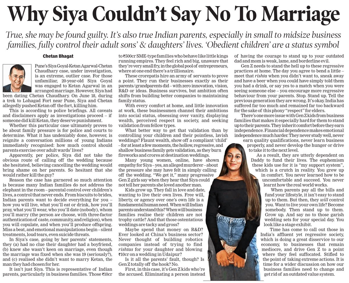 chetan_bhagat's tweet photo. Hi all, 

'Why Siya Couldn’t Say No To Marriage', my column in TOI today.

Do read and share!
https://t.co/WTPGqeuTtn https://t.co/3VSSBiEVYZ