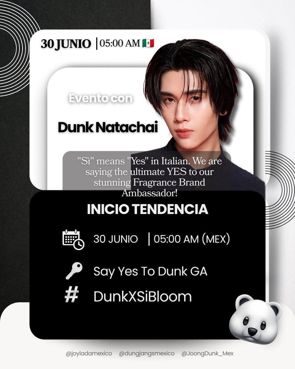 JoongDunk_Mex's tweet photo. → #DunkSchedule ← #dunknatachai @dunknatachai
🌟 "Sì" means "Yes" in Italian. We are saying the ultimate YES to our stunning Fragrance Brand Ambassador!
🗓️ : 30 Junio 2026
⏰ : 5.00 A.M 🇲🇽
🔥Inicio de Tendencia
⏰ : 5.00 A.M 🇲🇽
🔑 : Say Yes To Dunk GA
#️⃣ : DunkXSiBloom
** Por favor, absténgase de utilizar la palabra clave y el hashtag antes del tiempo designado.
** Kindly refrain from using the keyword and hashtag before the designated time.