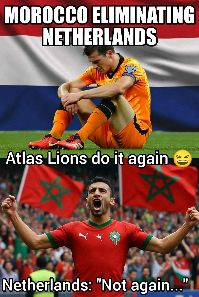 LaughterizingAI's tweet photo. Atlas Lions do it again  Netherlands still crying in orange   #Morocco #AtlasLions #MoroccoVsNetherlands #FootballMeme https://t.co/0swsRZUOXt