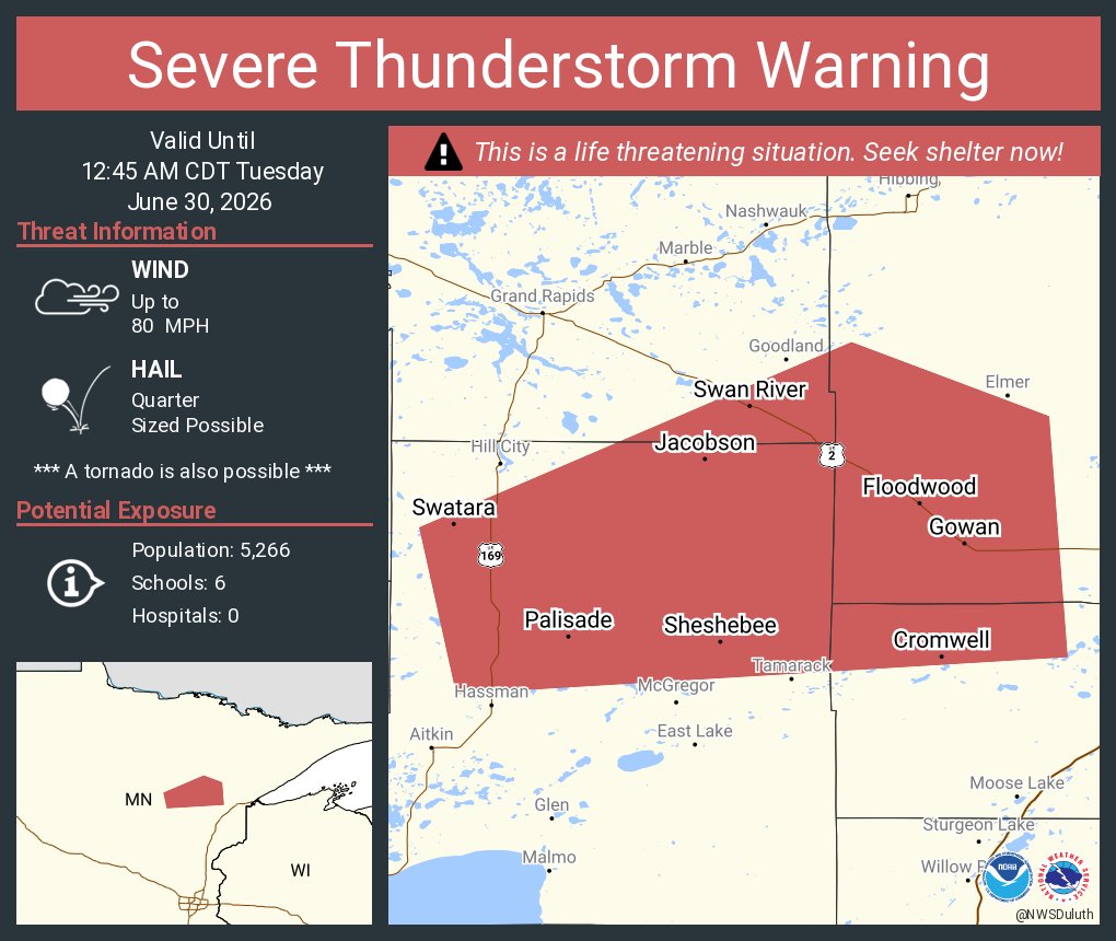 NWSSevereTstorm's tweet photo. Severe Thunderstorm Warning including Floodwood MN, Cromwell MN and  Palisade MN until 12:45 AM CDT. This destructive storm will contain wind gusts to 80 MPH! https://t.co/f2PBaf4orh